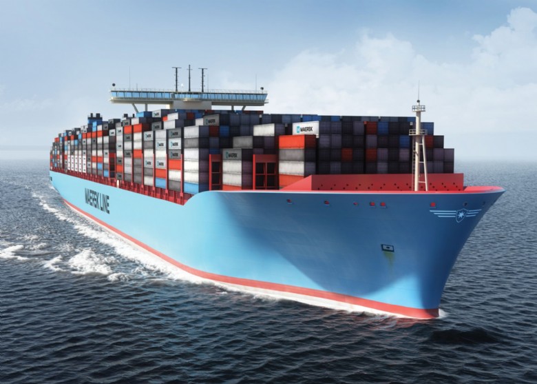 Emma Maersk 15.550 TEU containership (length: 397 mtr, width: 56 mtr, draught: 15 mtr.)